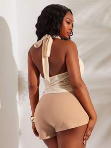 SHEIN SXY 大码女式纯色流苏下摆交叉吊带上衣 - 卡其色 - 查看 2