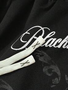 ROMWE MEN 男士休闲交叉印花抽绳腰短裤，夏季 - 黑色 - 查看 3