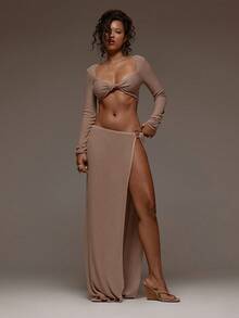 MUSERA Knit Brown High Leg Split Ring Detail Maxi Skirt Holiday Spring Summer Holiday Vacation Beach Ibiza Festival Party Elegant Divinity - Camel - View 2