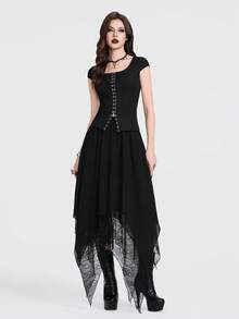 Breakform 女士性感哥特风纯色针织开襟羊毛衫，带装饰环，修身款 - 黑色 - 查看 4