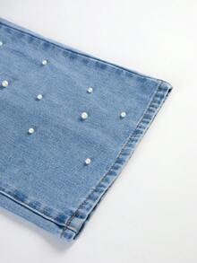 GlowEve Nuevos jeans de mujer de mezclilla holgados y casuales con detalles de strass y perlas falsas - Azul lavado medio - Ver 4