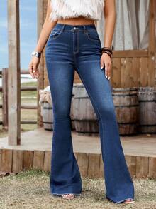 EMERY ROSE Women's Casual Versatile Denim Flare Pants With Pockets - Medium Wash - View 6