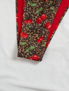 Swim Mod 2pcs/Set Funny Beach Vacation Leopard Print & Fruit Pattern Lace-Up Halter Top + Leopard Print & Fruit Pattern Lace-Up Waist Pants, Hot Selling Spring/Summer,Weddings & Events, Lace Trim Bikini, Cherry Print Bikini,Valentine's Day - Multicolor - View 6