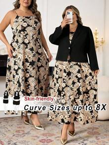 SHEIN CURVE+ 大码翻领西装外套和佩斯利印花吊带连衣裙两件套 - 彩色 - 查看 11