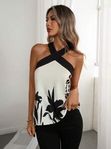 SHEIN Raffinéa Women's Vacation Style Digital Print Contrast Crisscross Halter Neck Sleeveless Tank Top - Apricot - View 5
