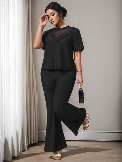 Elenzga Plus Size Women's Solid Color Round Neck Lace Trim Short Sleeve T-Shirt + Elastic Knit Flare Pants, Casual Commuter 2-Piece Set