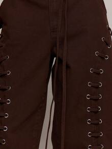 MUSERA 镂空系带宽松牛仔短裤，春夏性感约会夜店节日假日夜生活度假灵魂纽带 - 巧克力棕 - 查看 5