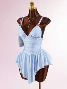 Amplova New Arrival Blue V-Neck Backless Asymmetrical Hem Bodycon Mini Dress For Party - Blue - View 9