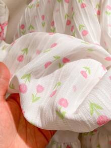 SHEIN 1pc Girls Tulip Print Fabric Collar Ruched Floral Trim Lantern Hem Sleeveless Sweet Simple Casual Vacation Princess Dress - Pink - View 5