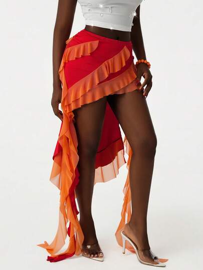 Amplova Minifalda con volantes de color contrastante para mujer, con dobladillo asimétrico corto por delante y largo por detrás, de tela de malla, adecuada para la playa y vacaciones