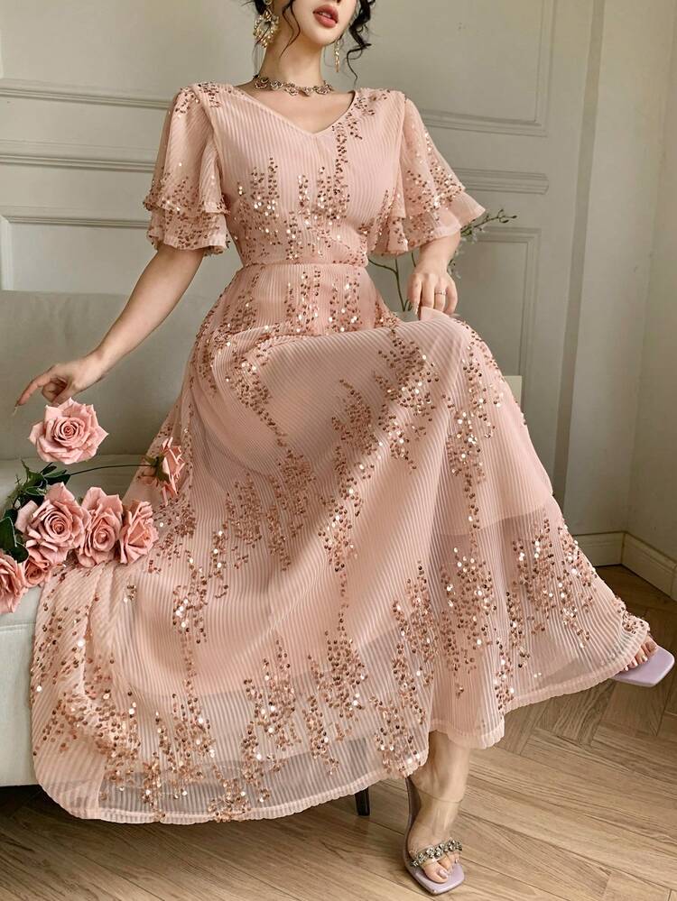 Women's Elegant Sequin V-Neck Ruffle Hem Dress, Summer Wedding Guest Dress Sundress