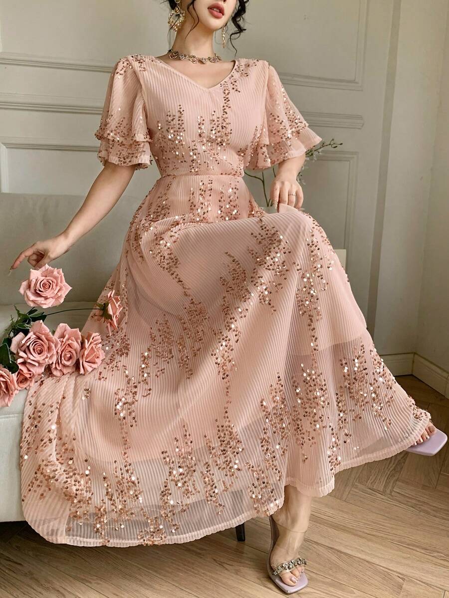 Wynsel 女士优雅亮片V领荷叶边连衣裙，夏季婚礼宾客礼服 - 粉色 - 查看 1