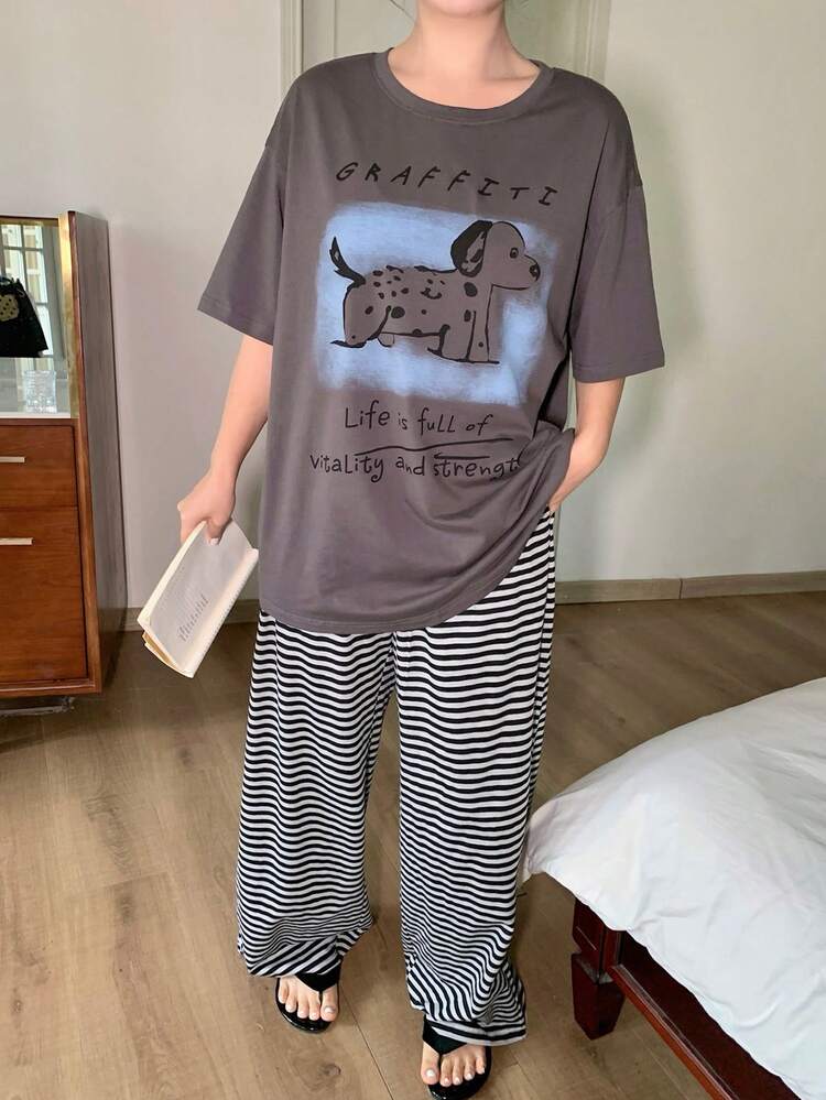 Dazy Plus Plus Size Women's Round Neck Dog Letter Print Short Sleeve Top And Wide Leg Pants Casual Loungewear Set