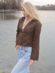 Sydney Algeri 水洗漂白牛仔拼接拉链翻领夹克，仅限秋季，复古乡村风，可爱又时髦，适合返校季穿着，休闲居家外套，女款，奶油糖色，冬日时尚。 - 棕色 - 查看 4