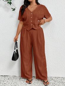 SHEIN Frenchy Bộ đồ 2 mảnh kẻ sọc tối giản, đa năng, phong cách mùa xuân/hè dành cho nữ, áo blazer và quần tây, thích hợp cho mùa thu/đông. - trái cam - Xem 4