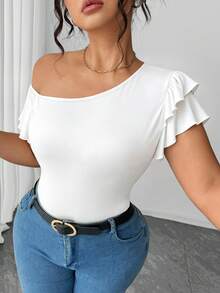 Elenzga 大码女式休闲百搭露肩双层荷叶袖短袖T恤 - 彩色 - 查看 1