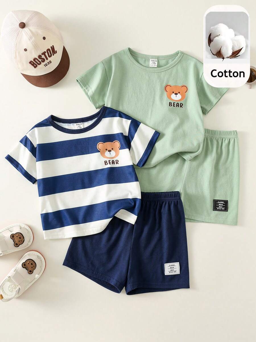 SHEIN 4件套男婴可爱卡通印花针织短袖睡衣套装，夏季基础款多件套 - 彩色 - 查看 1