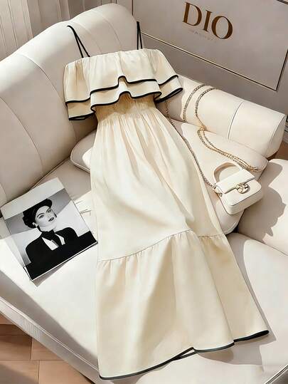 Franclia Summer Apricot Women's Dresses, Summer Dresses, Women's Summer Outfits, Women's Elegant Party Dresses, Women's Beach Dresses, Women's Casual Dresses, Women's Holiday Outfits, Women's Apricot Long Dresses, Women's Off-The-Shoulder Apricot Dresses, Women's Waist-Cinching Dresses, Women's Double-Layer Ruffle A-Line Skirts, Women's Suspender Apricot Dresses, Women's Formal Outfits, Women's Wedding Guest Party Dresses, Women's Wedding Party Dresses, Women's Wedding Guest Dresses, Women's Graduation Dresses, Women's Apricot Graduation Dresses, Women's Apricot And Black Colour Dresses