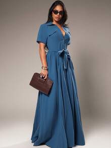 Radiana Casual Blue Woven Fabric Maxi Shirt Dress With Collar And Short Sleeves Flared Hem And Pockets - Blue - View 3