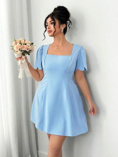 Elenzga Plus Size Elegant Cinched Waist Floral Sleeve Party Dress