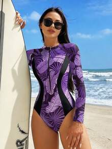 Swim SPRTY Women's Vacation Beach Plant Print One-Piece Swimsuit - Purple - View 3