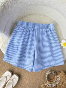 GlowEve Blue & White Striped Starfish & Shell Embroidered Women Shorts, Vacation - Blue - View 2