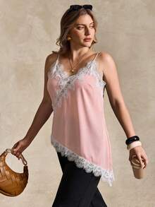 Elegantrix Plus Size Women Urban Casual Lace Asymmetric Hem V-Neck Patchwork Solid Color Short Camisole - Pink - View 5