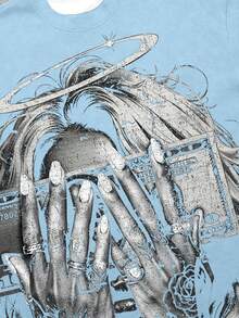 Manfinity EMRG 加大码男士街头时尚印花短袖T恤 - 淺藍色 - 查看 2