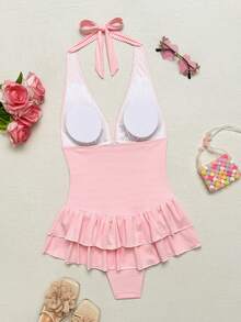 Bellisia White & Pink Textured Fabric Halter Neck Deep V-Neck Backless Double Ruffle Hem Beach Pool Party Cute & Sweet Style Women Swimsuit Skirt - Pink - View 6