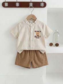 SHEIN Playful Pals 6-36个月婴幼儿两件套，男女宝宝通用卡其色条纹小熊印花短袖衬衫+纯色弹力腰短裤，适合春夏日常休闲穿着及度假。 - 杏色 - 查看 8