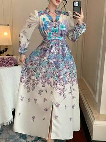 DAZY Women's V-Neck Printed Waist Cinched Long Sleeve Colorful Dress Sundress Boho Vacation Outfits Women - Multicolor - View 7