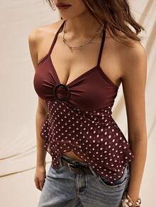 Easelle Deep Brown Knit Camisole With  Print Panels For Women Summer Festival Party Y2k Tops Polka Dot Brown Irregular Cutting Design Of Mesh Hanging Neck - Multicolor - View 1