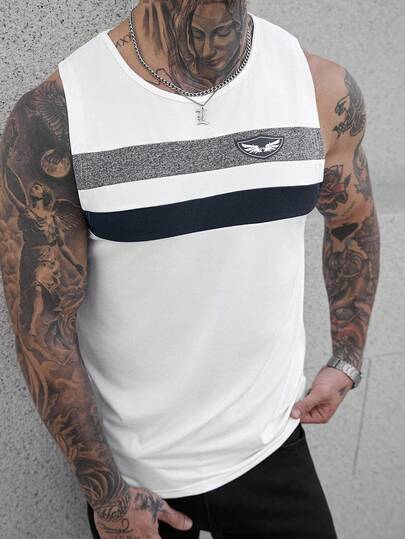 Manfinity CasualCool Manfinity 男士拼布图案圆领背心，男士夏季度假休闲清爽透气经典流行蓝白拼色前胸海鸥标志背心，夏季休闲拼色无袖背心，适合度假，丈夫