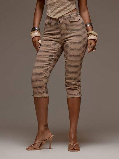 MUSERA Animal Print Brown Low Rise Fitted Denim Capri Pants Spring Summer Holiday Vacation Beach Ibiza Festival Party Elegant Divinity