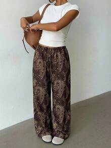 Aloruh 2026 Women's Spring/Summer Fashion: Brown Paisley-Print Casual Pants For Vacation - Brown - View 10