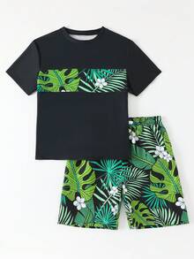 Teen Boy Summer Vacation Beach Plant Print Round Neck Short Sleeve T-Shirt And Swim Trunks Set - Black - View 3