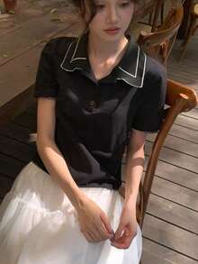 DAZY 女士休闲翻领短袖T恤，春夏款 - 黑色 - 查看 3