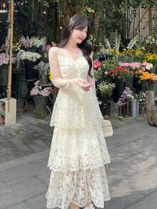 DAZY 女士纯色长款收腰蕾丝长袖连衣裙，层叠裙摆中长连衣裙 - 白色 - 查看 9