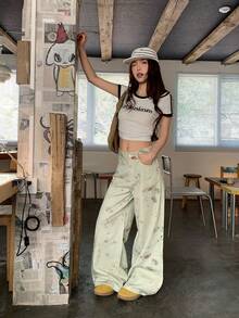 DAZY Quần jeans nữ dáng rộng, in họa tiết toàn thân, chất liệu wash, phong cách Hàn Quốc. - Màu xanh lam - Xem 8