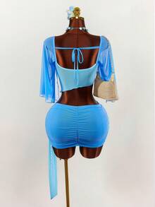 Amplova Vacation Two-Tone Cropped Asymmetrical Hem Blouse & Low Waist Mini Skirt Set For Women - Blue - View 2