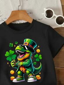 SHEIN Young Boy's St. Patrick's Day Dinosaur T-Shirt,Cute Cartoon Four-Leaf Clover Pattern Loose Comfortable Round Neck Short Sleeve Tee,Summer Casual Top - Black - View 4