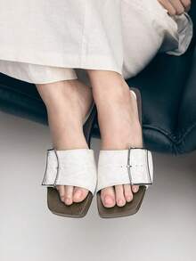 Mnmlis Fashionable & Versatile Wooden Slip-On Sandals With Large Buckle PU Wedge For Women - White - View 4