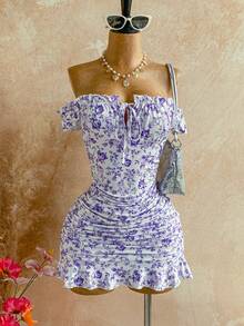 Soleia Women's Fashionable Elegant Off Shoulder Ruched Mini Dress - Violet Purple - View 4