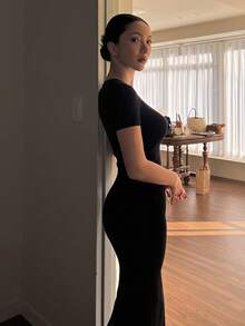 Dazy Tall 高个女式圆领短袖修身性感休闲优雅长裙 - 黑色 - 查看 9