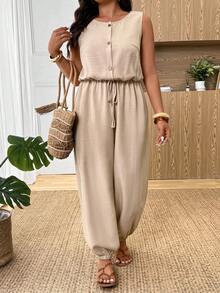 Lounesse Plus Size Women's Casual Beach Vacation Jumpsuit,Khaki,Summer,Boho,Holiday,Solid Color Patchwork Crochet Drawstring Waist Sleeveless Two Piece Set - Khaki - View 3