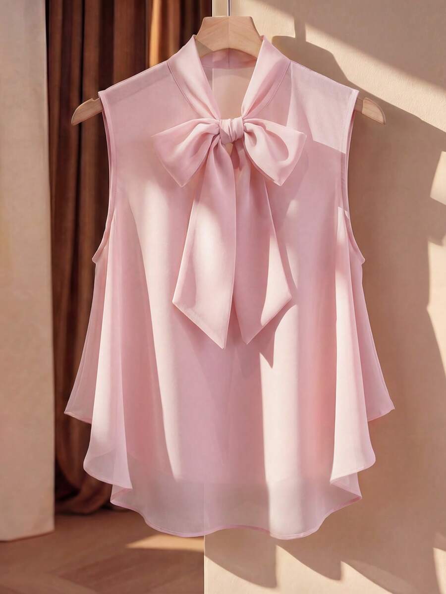 Franclia 大码女士优雅纯色雪纺面料蝴蝶结系带A字娃娃衫，无袖，百搭设计，适合度假、音乐会、时尚外出、派对、约会之夜、情人节等场合。 - 粉色 - 查看 1