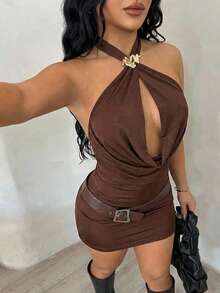 SHEIN SXY Women's Sexy & Elegant Brown Draped Neck Backless Fitted Bodycon Dress With Belt, Summer,Carnival,Party,Rave Outfit ,Summer, Spring,Going Out,Y2K, Brown Dress Women, Chocolate Brown Dress, Sexy Brown Dress, Brown Halter Dress, Coffee Brown Dress Brown Short Dress Brown Mini Dress Sexy Club Outfit - Brown - View 3