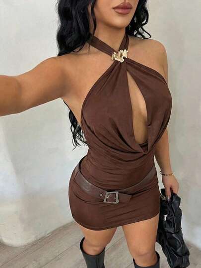 SHEIN SXY Women's Sexy & Elegant Brown Draped Neck Backless Fitted Bodycon Dress With Belt, Summer,Carnival,Party,Rave Outfit ,Summer, Spring,Going Out,Y2K