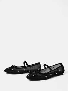 CUCCOO HITCHD French Ballet Shoes, Women's Shoes, New Spring/Summer Rhinestone Black Mesh Breathable Bow Tie Mary Jane Flat Shoes, Wedding Season - Black - View 7