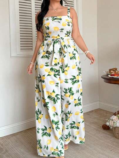 Celure Mono de talla grande para mujer con estampado de limón, con tirantes ajustables y bolsillo en la cintura, cómodo y elegante para uso al aire libre